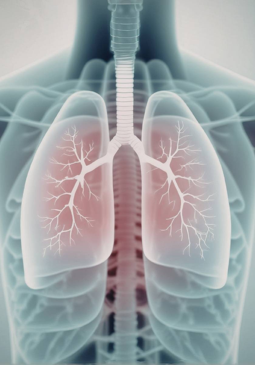 Transparent chest illustration showing lungs and airways