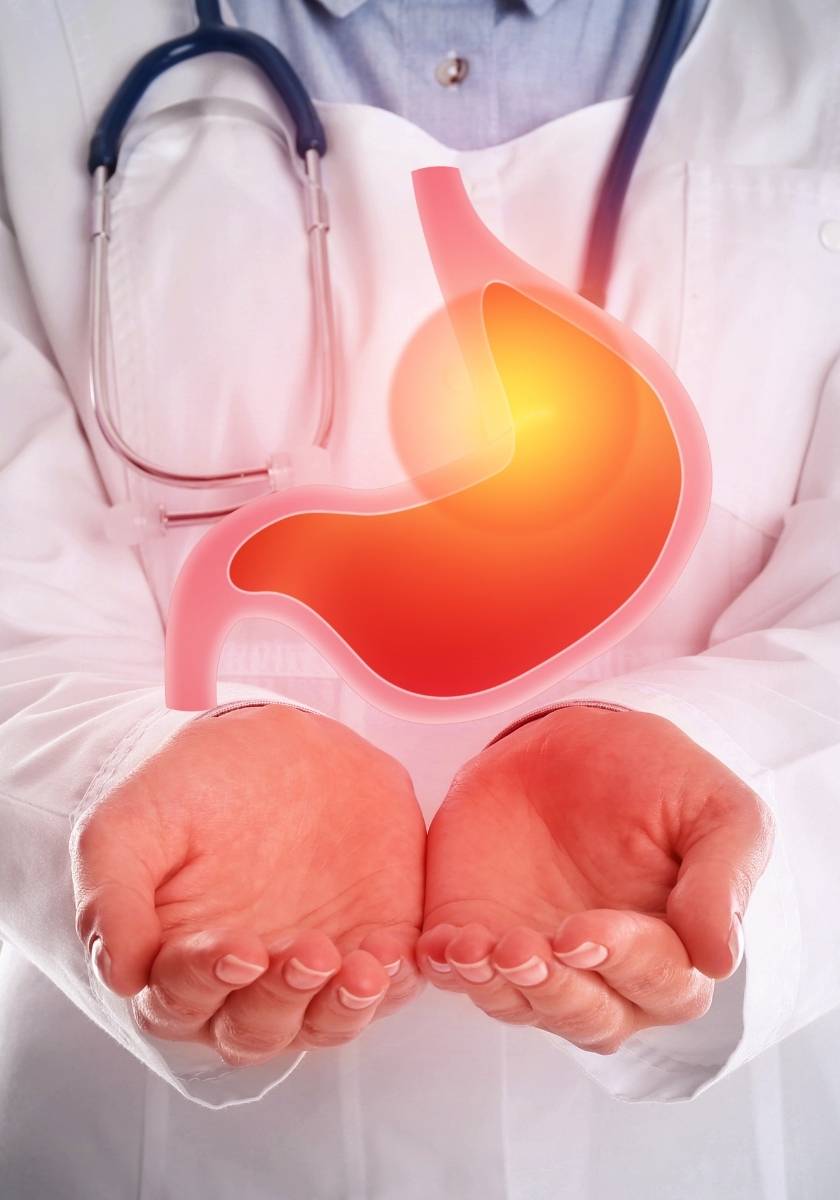 Anatomical stomach illustration with a highlighted pain area