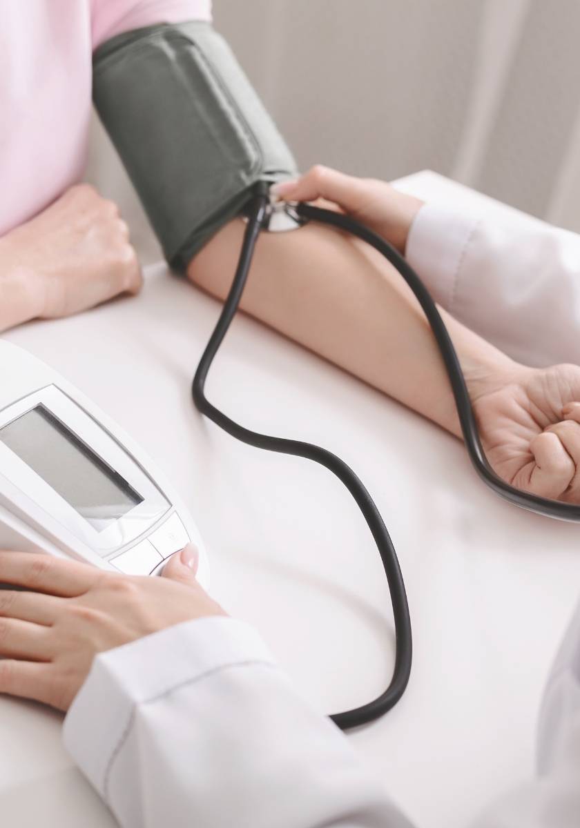 Blood pressure cuff and stethoscope during a medical check