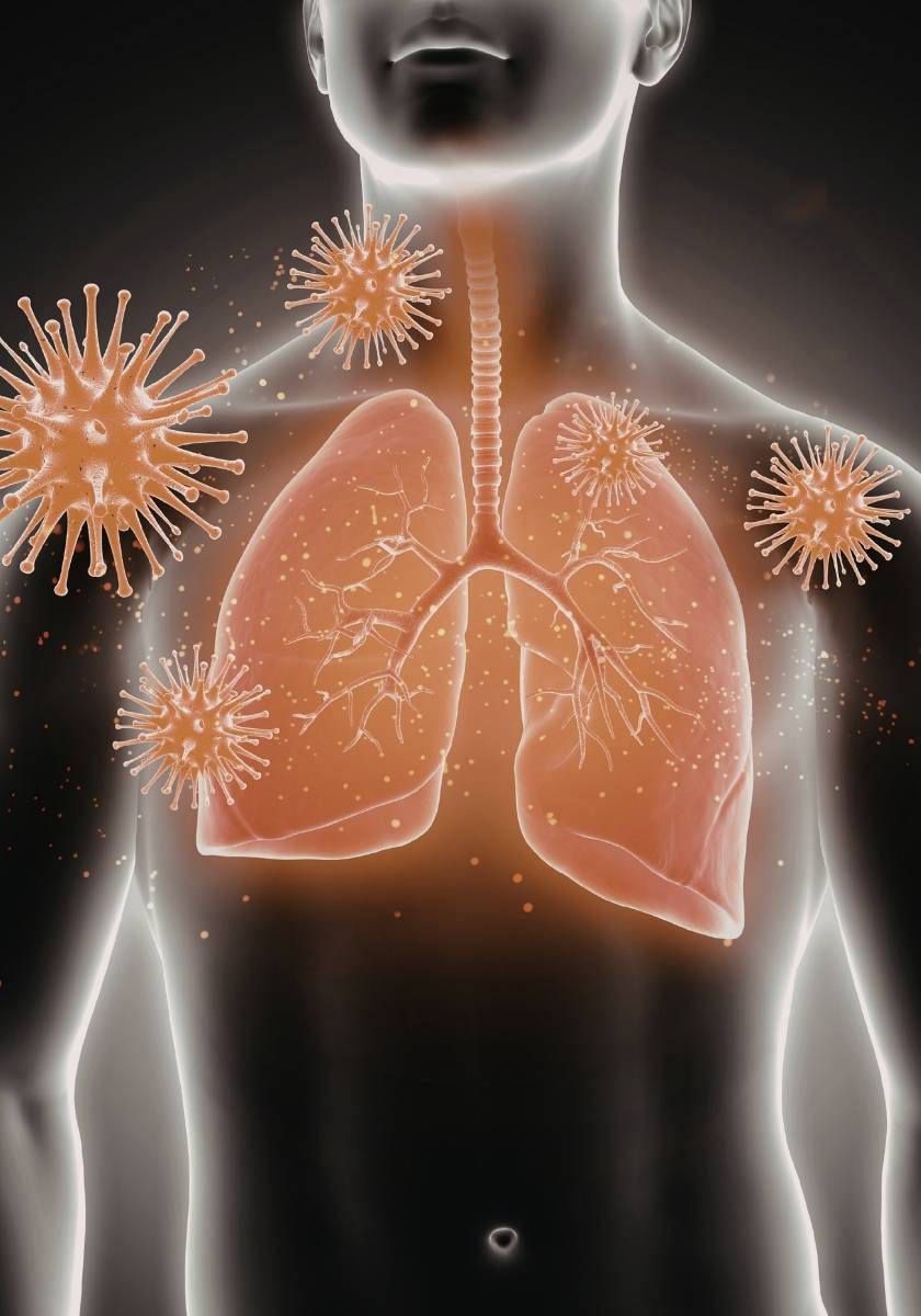 Human lungs illustration surrounded by airborne virus particles
