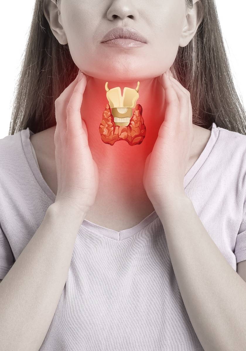 Woman touching her neck with highlighted thyroid discomfort