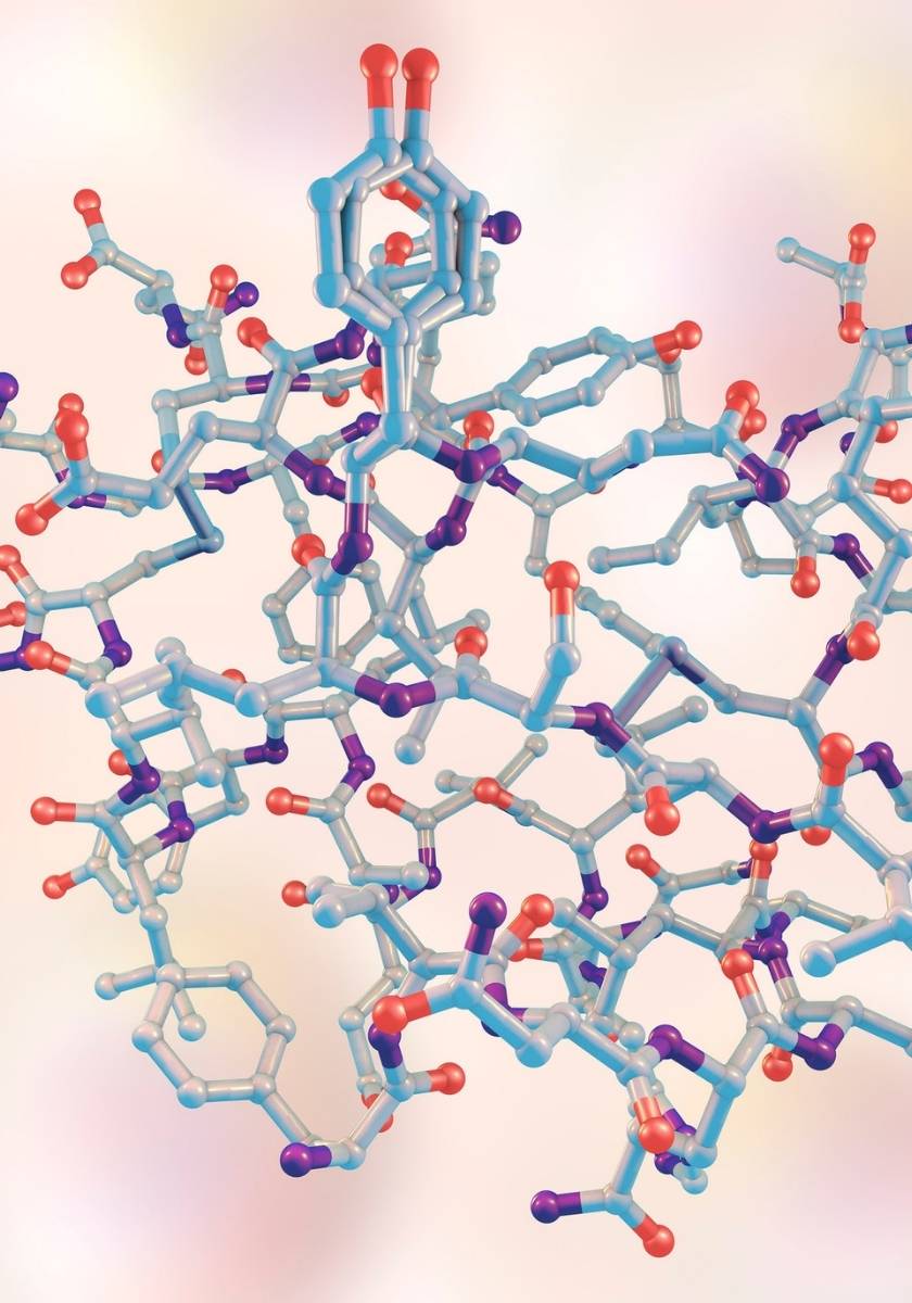Colorful molecular structure illustration on a light medical background